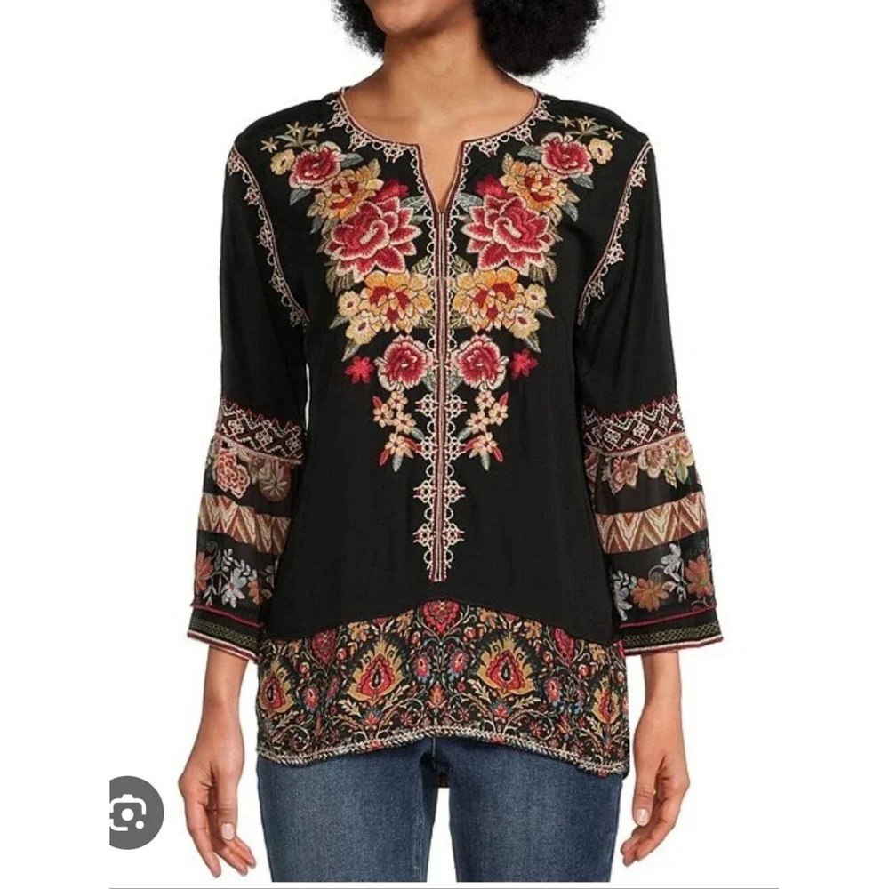 John Mark Embroidered Floral Tunic Top Black Boho Bell Sleeve Blouse Womens 2X